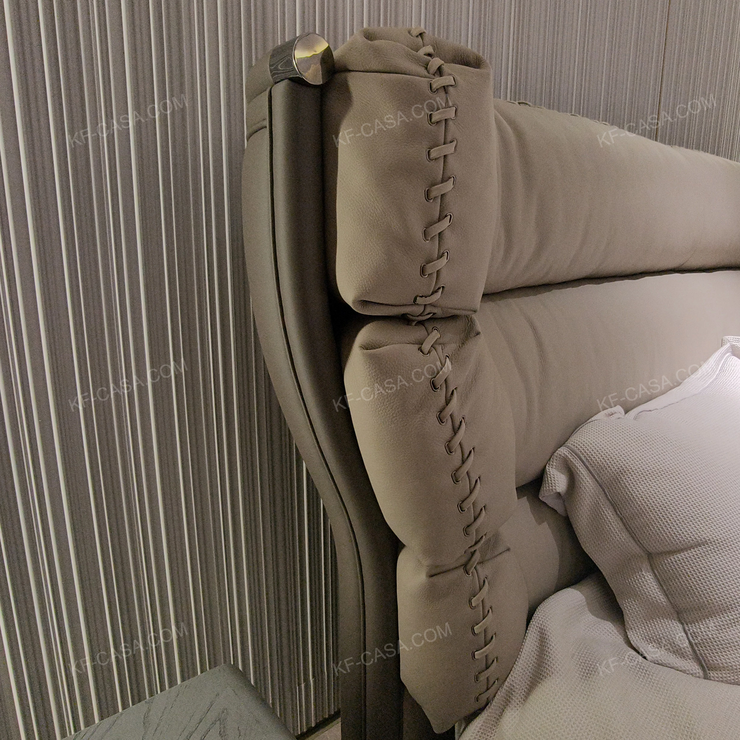 Warm Taupe Upholstered Bed with Tiered Headboard, Lacing Detail & Stainless Steel Accents